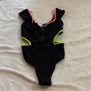 Zara Black One-Piece Swimsuit with Neon Pink and Neon Yellow Trim